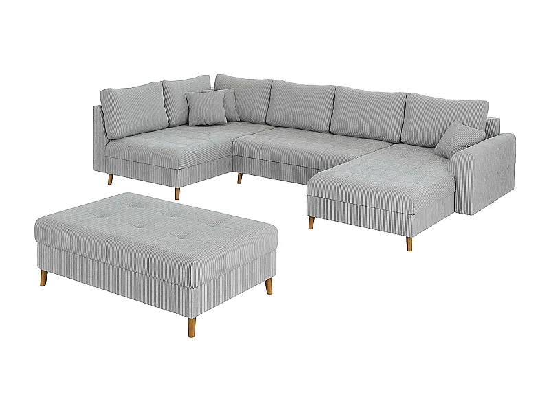 Jasper - Wohnlandschaft mit Braun Holzfüßen im skandinavischen Stil aus Hellgrau Cord-Stoff, Ottomane rechts