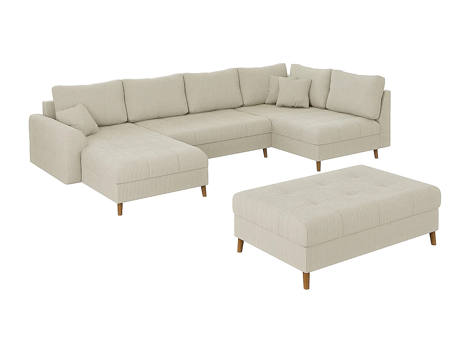 Jasper - Wohnlandschaft mit Braun Holzfüßen im skandinavischen Stil aus Beige Cord-Stoff, Ottomane links