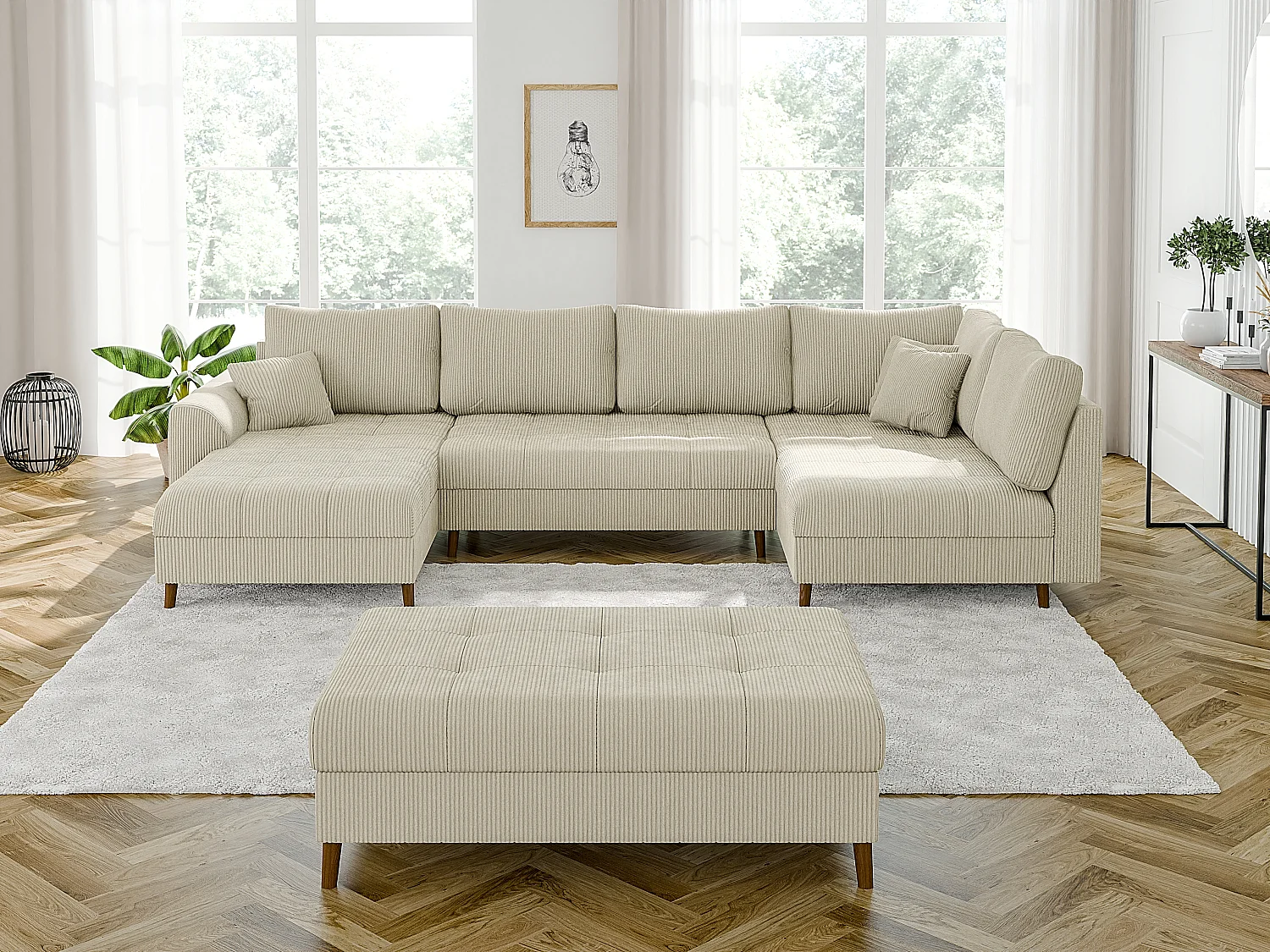 Jasper - Wohnlandschaft mit Braun Holzfüßen im skandinavischen Stil aus Beige Cord-Stoff, Ottomane links