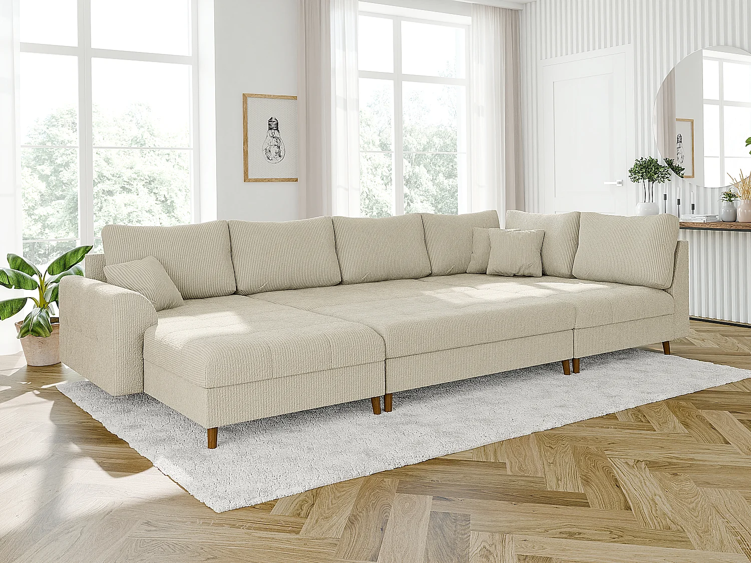 Jasper - Wohnlandschaft mit Braun Holzfüßen im skandinavischen Stil aus Beige Cord-Stoff, Ottomane links
