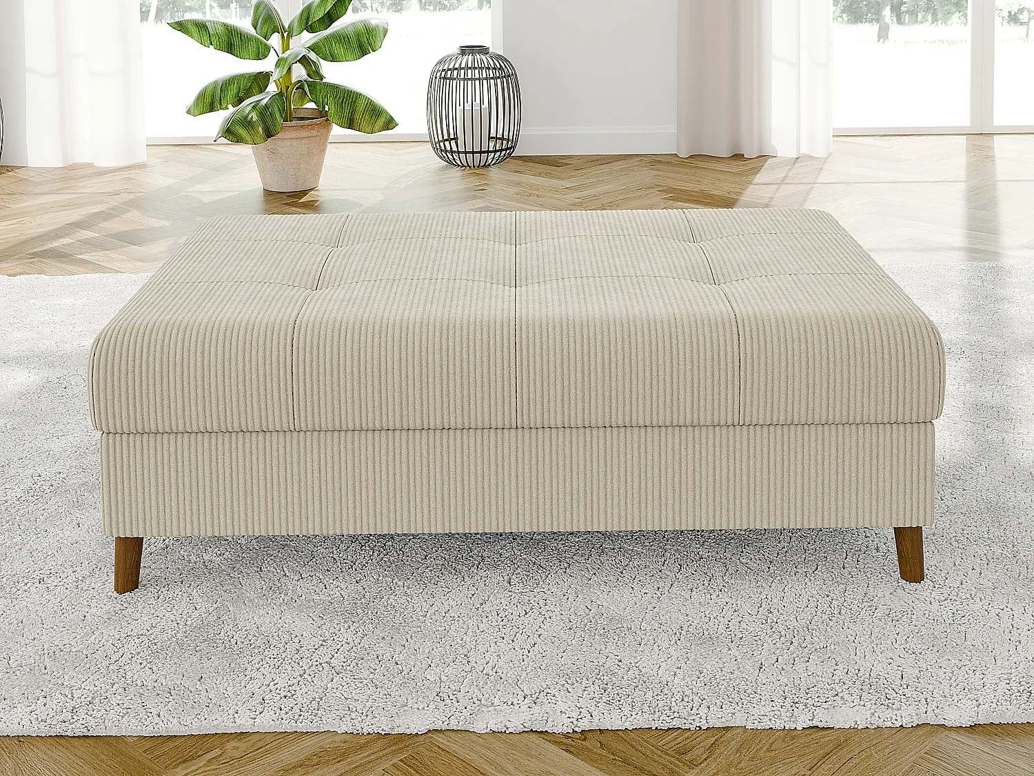 Jasper - Wohnlandschaft mit Braun Holzfüßen im skandinavischen Stil aus Beige Cord-Stoff, Ottomane links