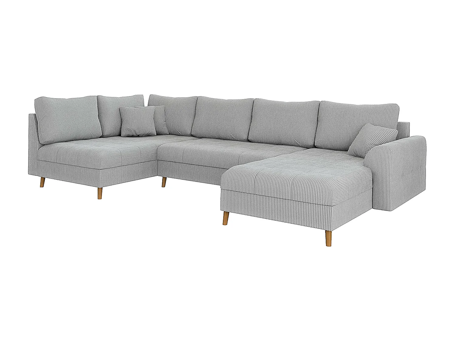 Jasper - Wohnlandschaft mit Braun Holzfüßen im skandinavischen Stil aus Hellgrau Cord-Stoff, Ottomane rechts