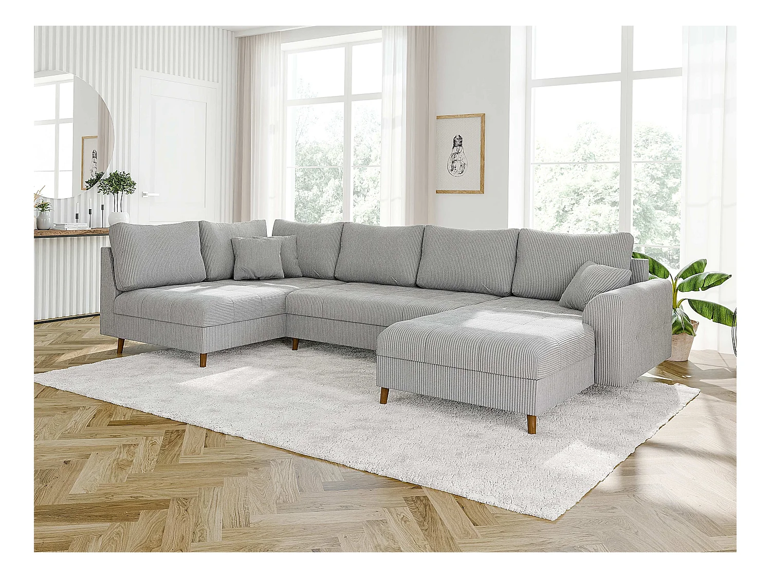 Jasper - Wohnlandschaft mit Braun Holzfüßen im skandinavischen Stil aus Hellgrau Cord-Stoff, Ottomane rechts