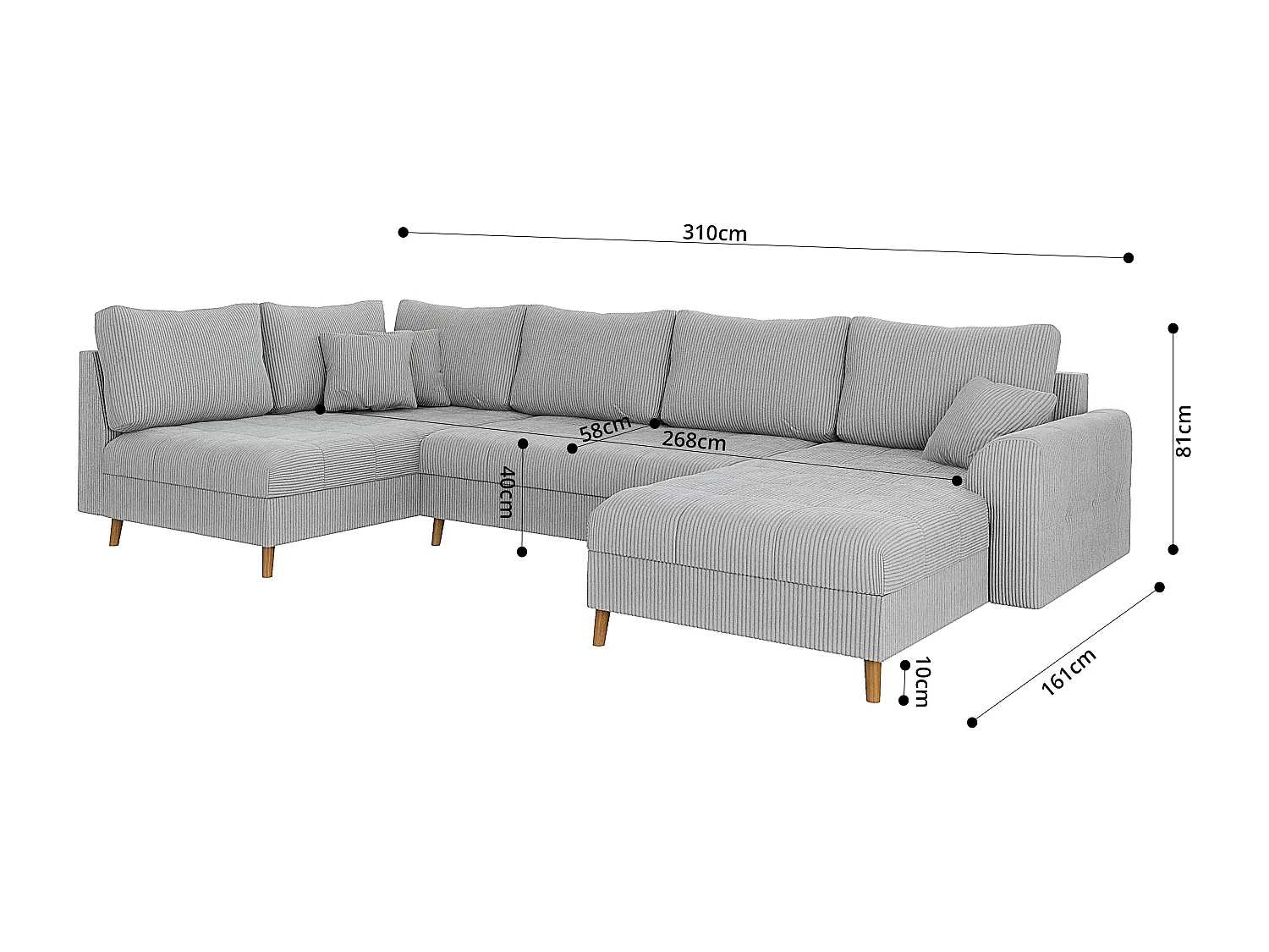 Jasper - Wohnlandschaft mit Braun Holzfüßen im skandinavischen Stil aus Hellgrau Cord-Stoff, Ottomane rechts