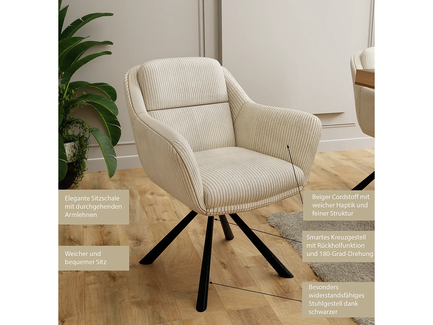 Carl - Polsterstuhl mit 180° Drehfunktion und Nivellierung aus Beige Cord-Stoff