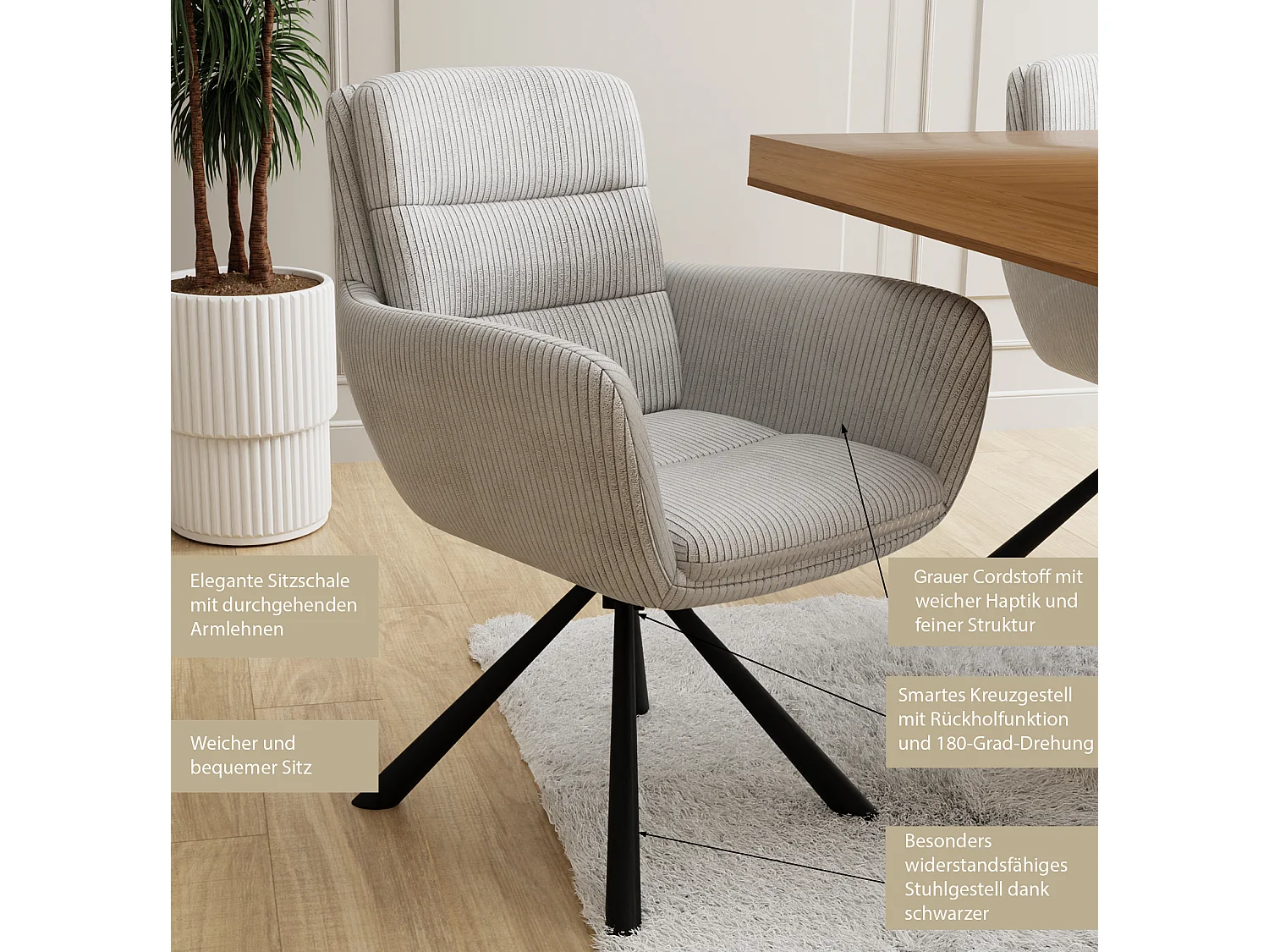 Chaise rembourrée en tissu côtelé avec fonction de rotation à 180° et mise à niveau FRANK