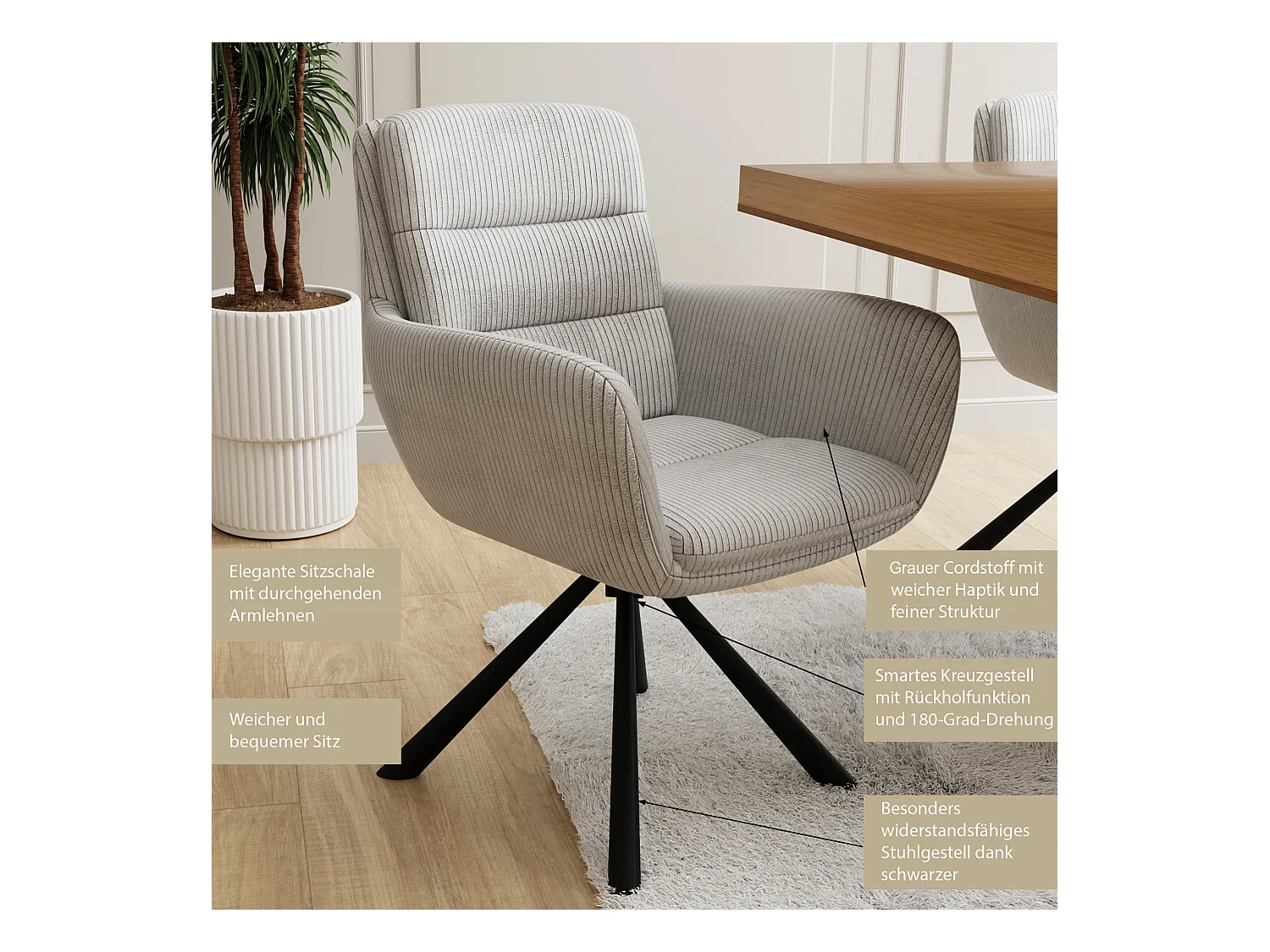 Frank - Polsterstuhl mit 180° Drehfunktion und Nivellierung aus Hellgrau Cord-Stoff