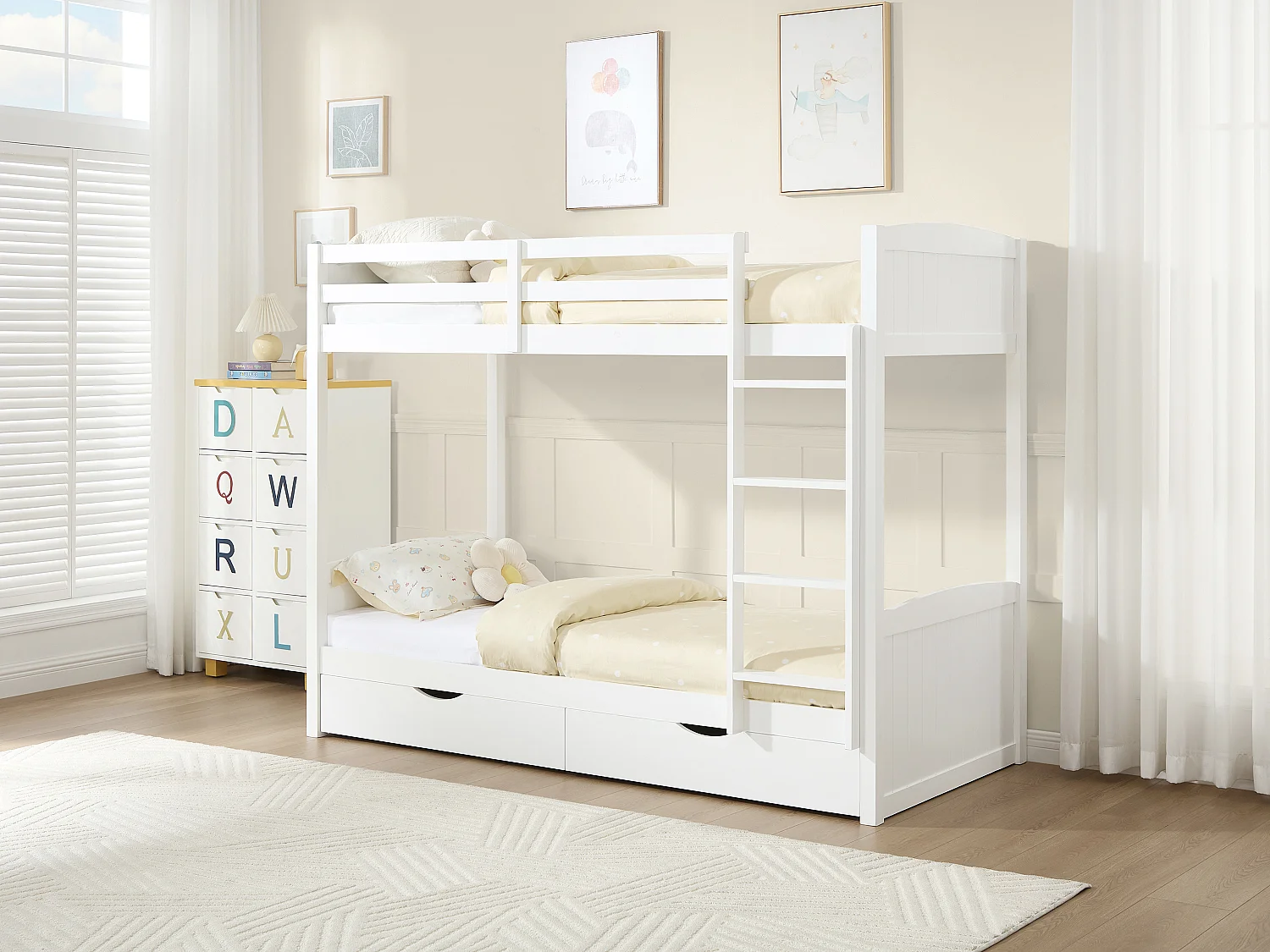 Letto a castello 2 x 90 x 200 cm 2 cassetti Abete e MDF Bianco - LIMODARA