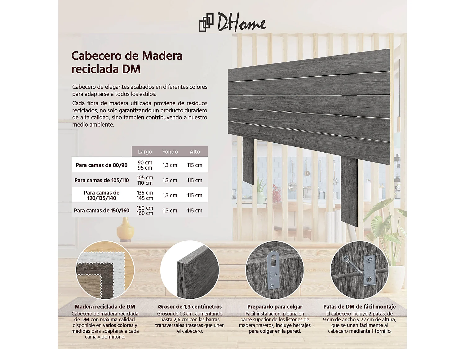 DHOME Tête de Lit Bois Recyclé Dm Style Palette Horizontale avec Pieds 95x115cm Lits 95 - Bois Frêne