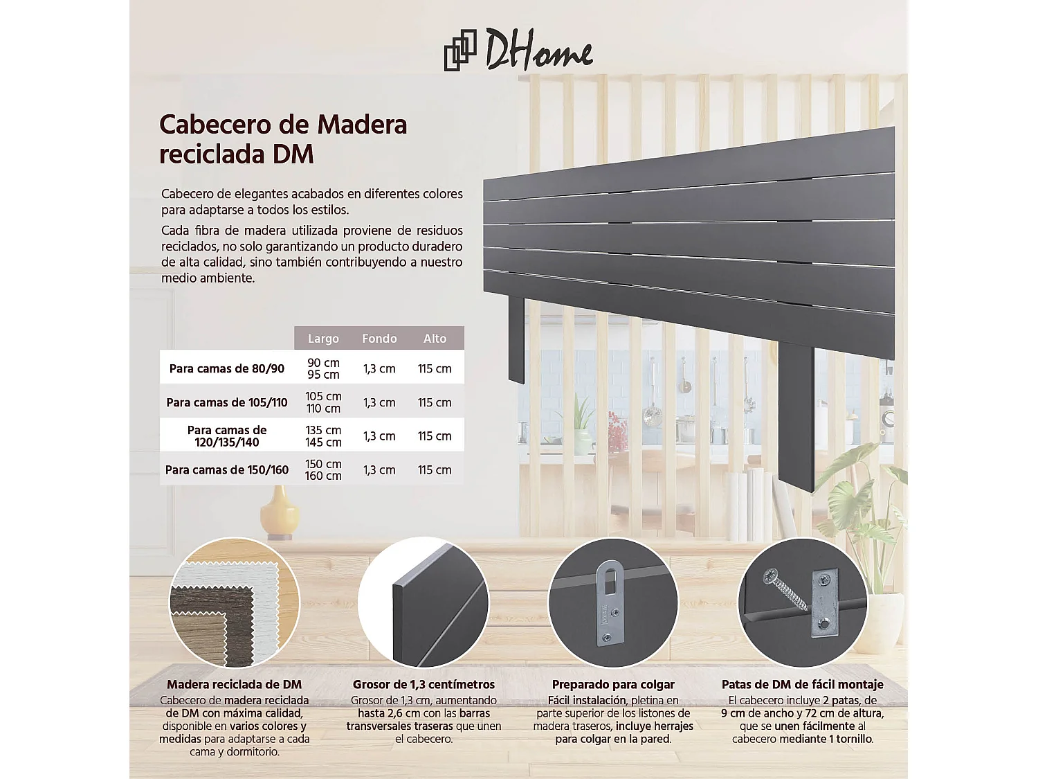 DHOME Tête de Lit Bois Recyclé Dm Style Palette Horizontale avec Pieds 135x115cm Lits 135 - Gris Massif