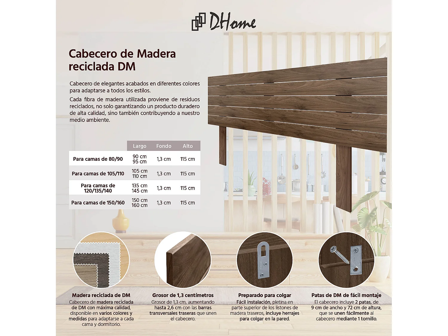 DHOME Kopfteil aus recyceltem Holz Dm, horizontaler Palettenstil mit Beinen 145 x 115 cm, Betten 145 – Walnussholz