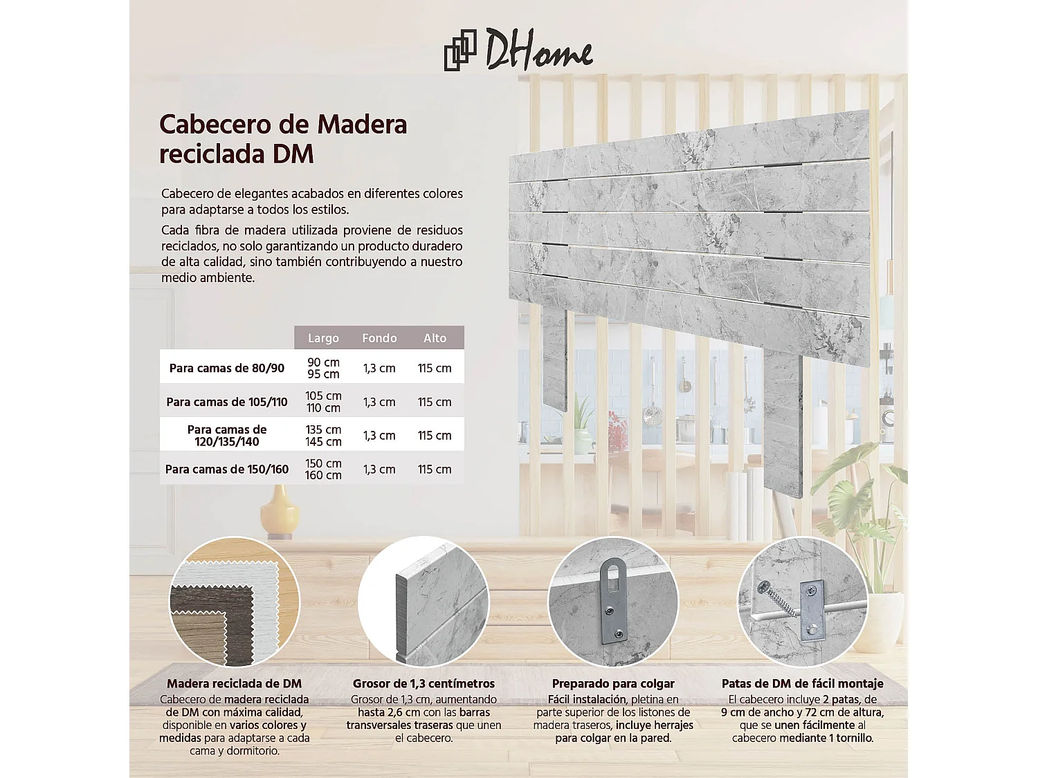 DHOME Tête de Lit Bois Recyclé Dm Style Palette Horizontale avec Pieds 80x115cm Lits 80 - Finition Marbre