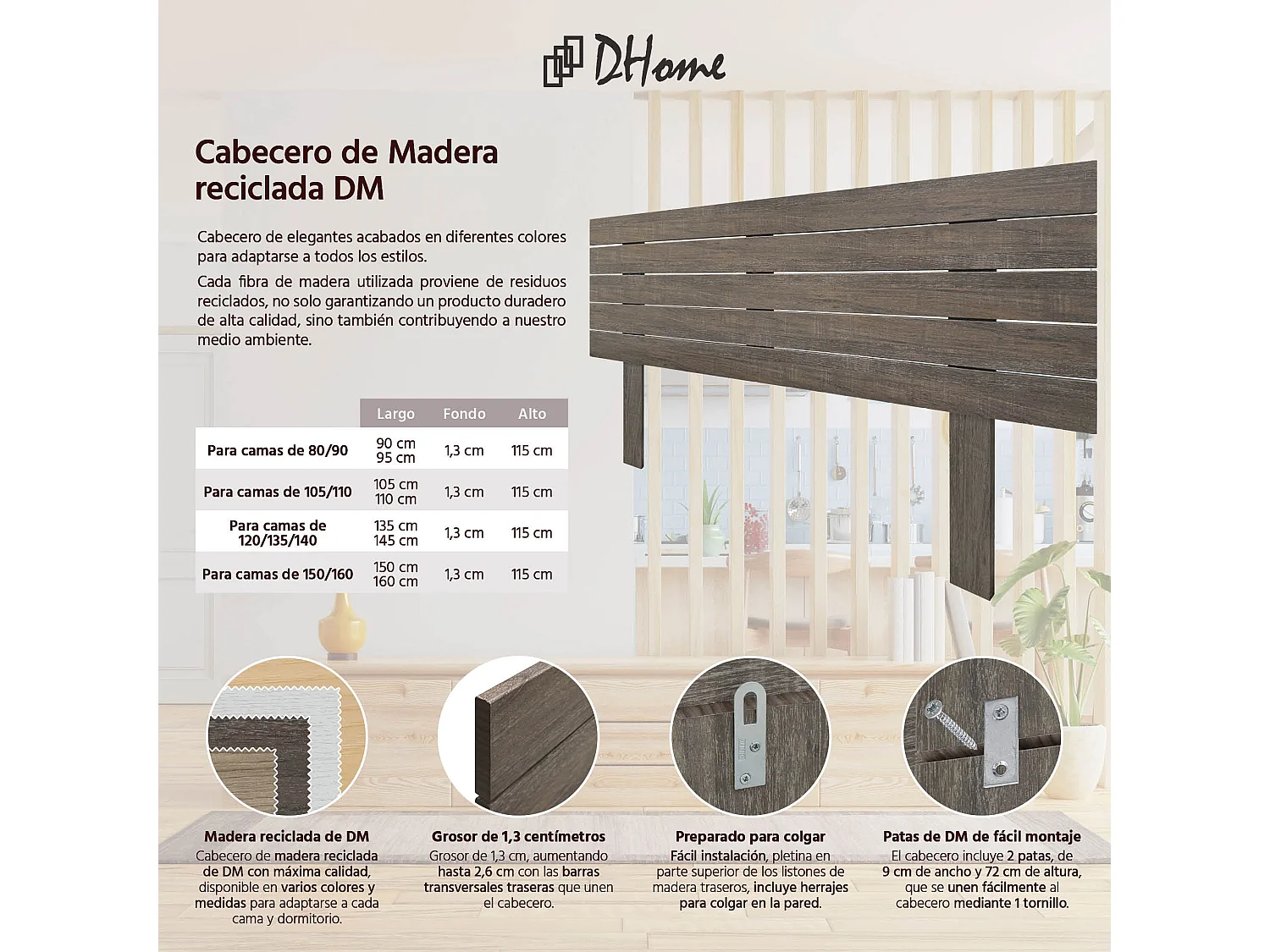 DHOME Kopfteil aus recyceltem Holz, Dm, horizontal, Palettenstil mit Beinen, 145 x 115 cm, Betten 145 – Amazonas-Eiche