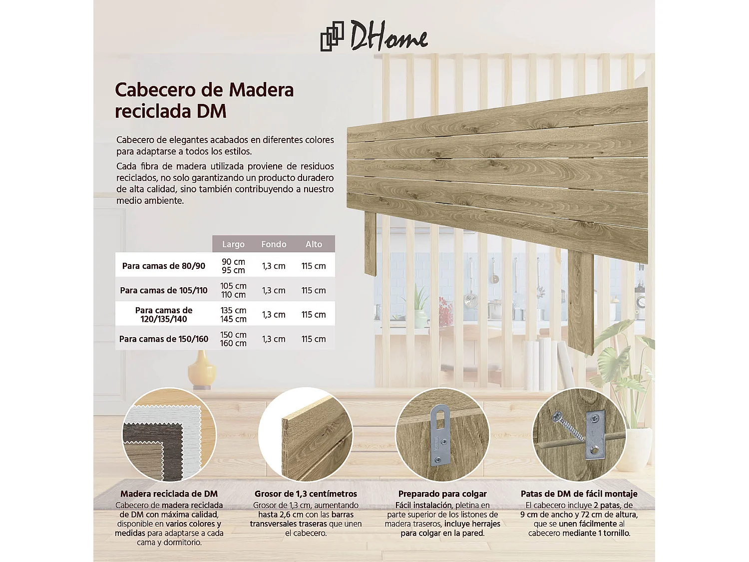 DHOME Tête de Lit Bois Recyclé Dm Style Palette Horizontale avec Pieds 150x115cm Lits 150 - Bois Cambrien