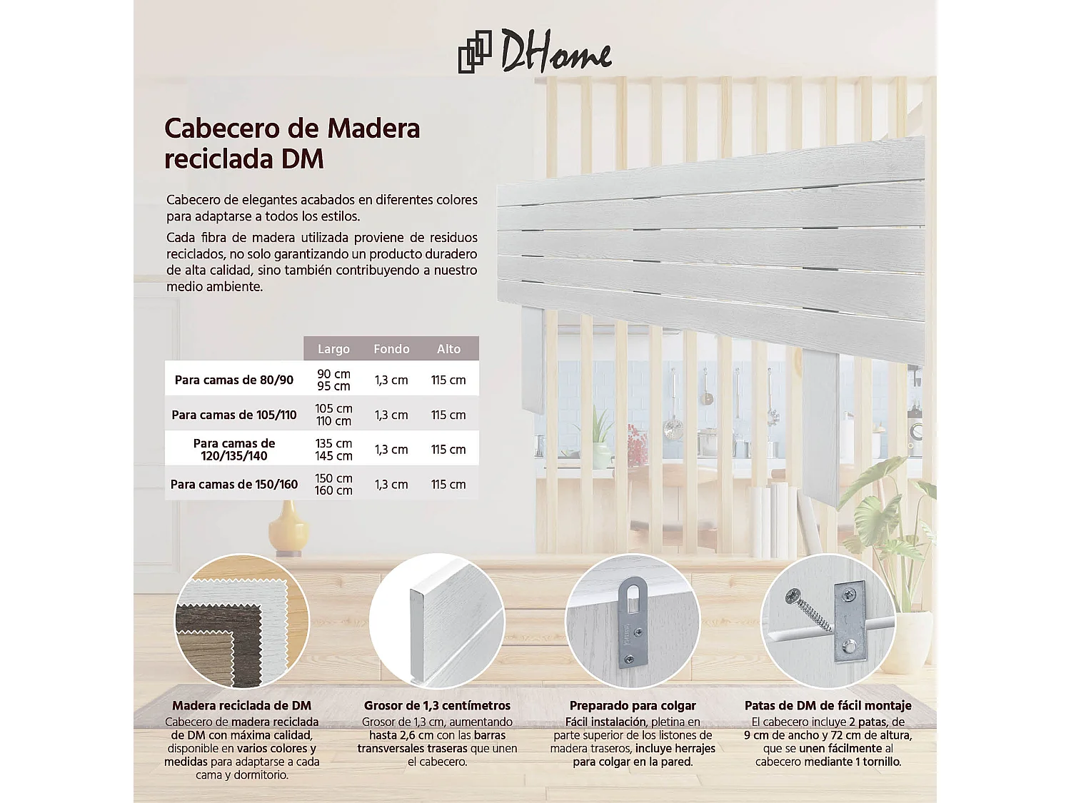 DHOME Cabeceira de Madeira Reciclada Dm Estilo Palete Horizontal com Pernas 160x115cm Camas 160 - Madeira Branca