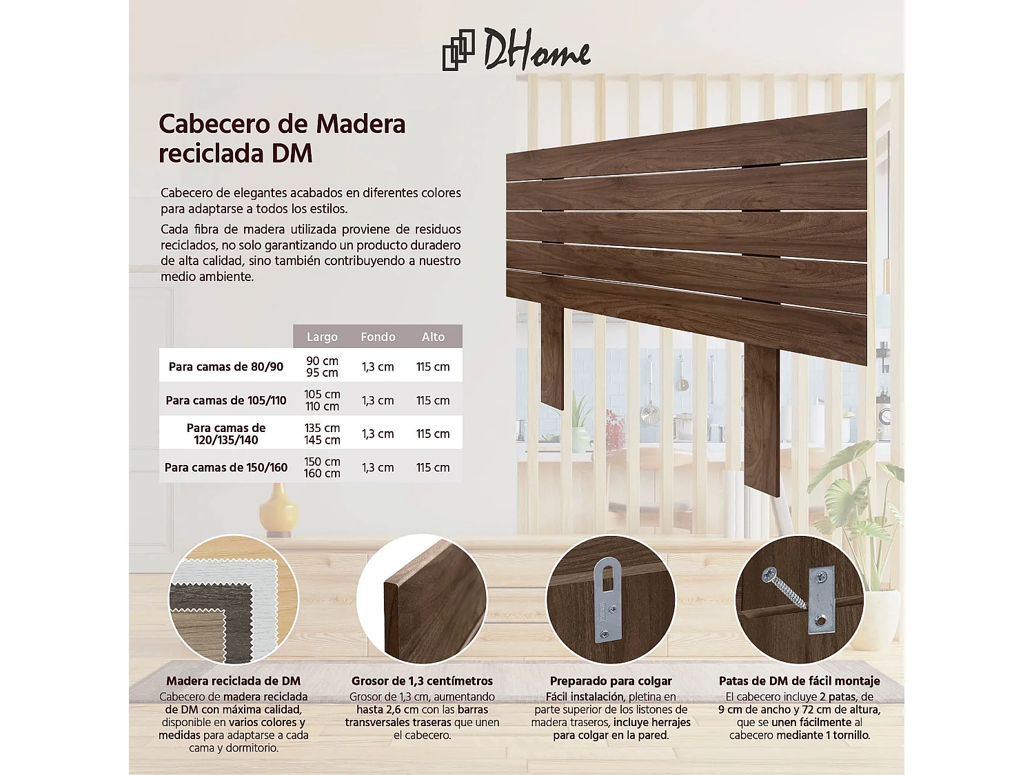 DHOME Tête de Lit Bois Recyclé Dm Style Palette Horizontale avec Pieds 90x115cm Lits 90 - Bois de Noyer