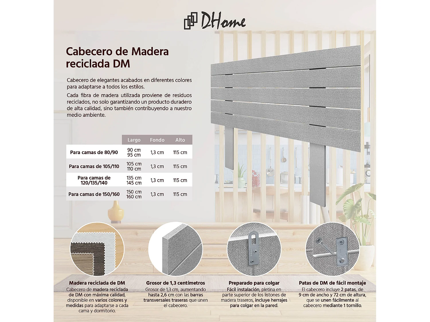 DHOME Tête de Lit Bois Recyclé Dm Style Palette Horizontale avec Pieds 90x115cm Lits 90 - Pointes Grises