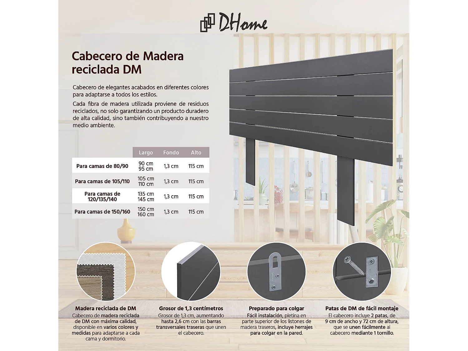 DHOME Tête de Lit Bois Recyclé Dm Style Palette Horizontale avec Pieds 110x115cm Lits 110 - Gris Massif