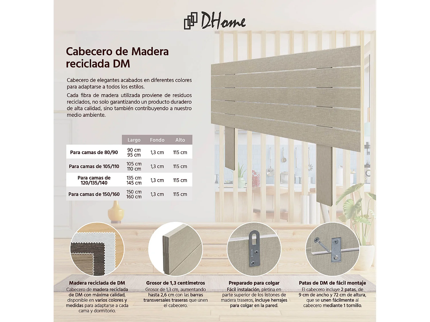 DHOME Kopfteil aus recyceltem Holz Dm-Horizontal-Palettenstil mit Beinen 90 x 115 cm, Betten 90 – Leinen-Finish