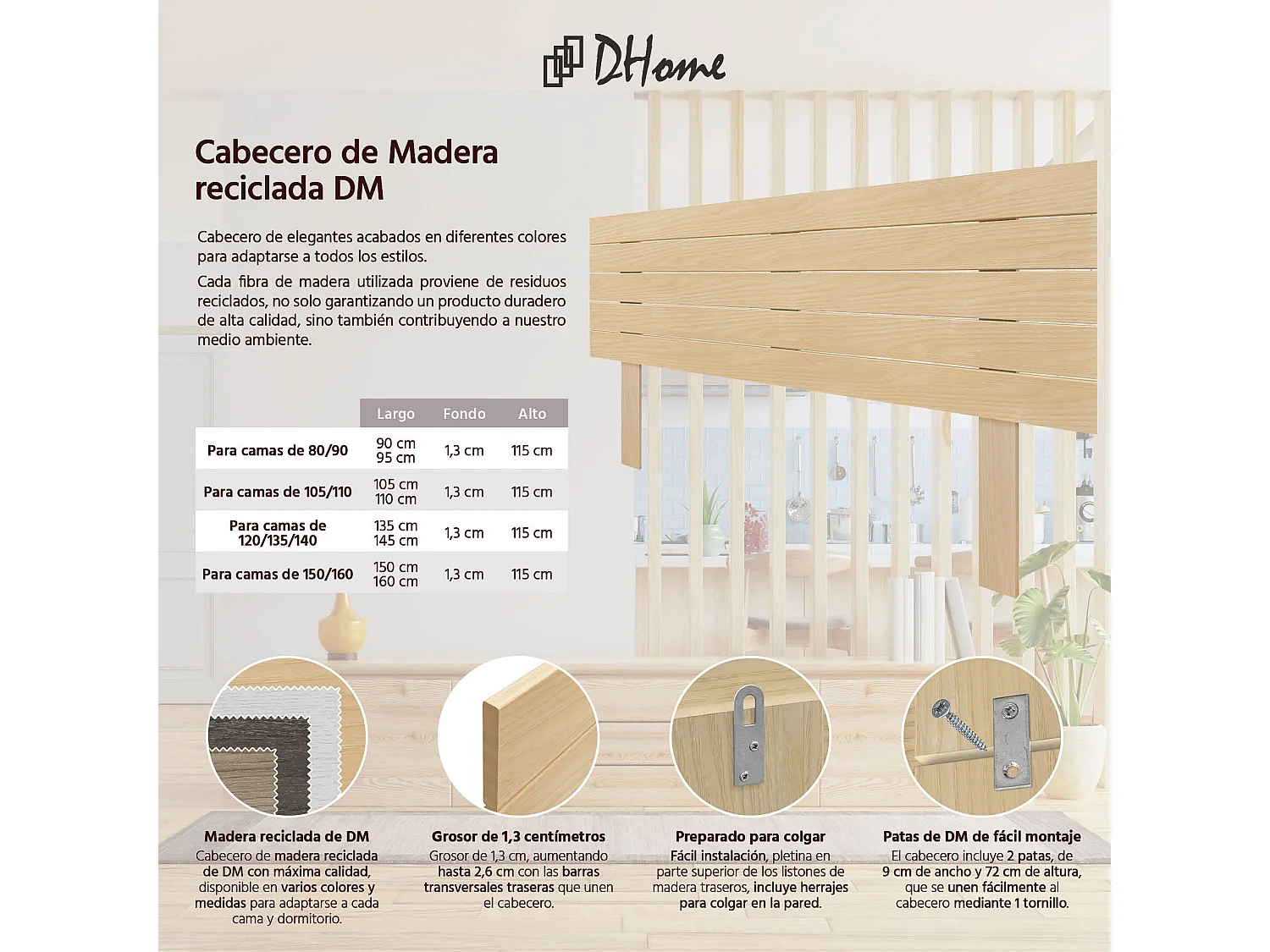 DHOME Tête de Lit Bois Recyclé Dm Style Palette Horizontale avec Pieds 135x115cm Lits 135 - Bois Naturel