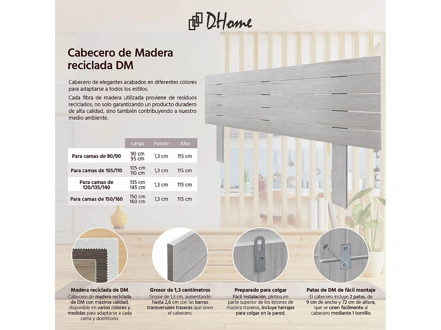 DHOME Kopfteil aus recyceltem Holz, Dm, horizontal, Palettenstil mit Beinen, 150 x 115 cm, Betten 150 – Arktis