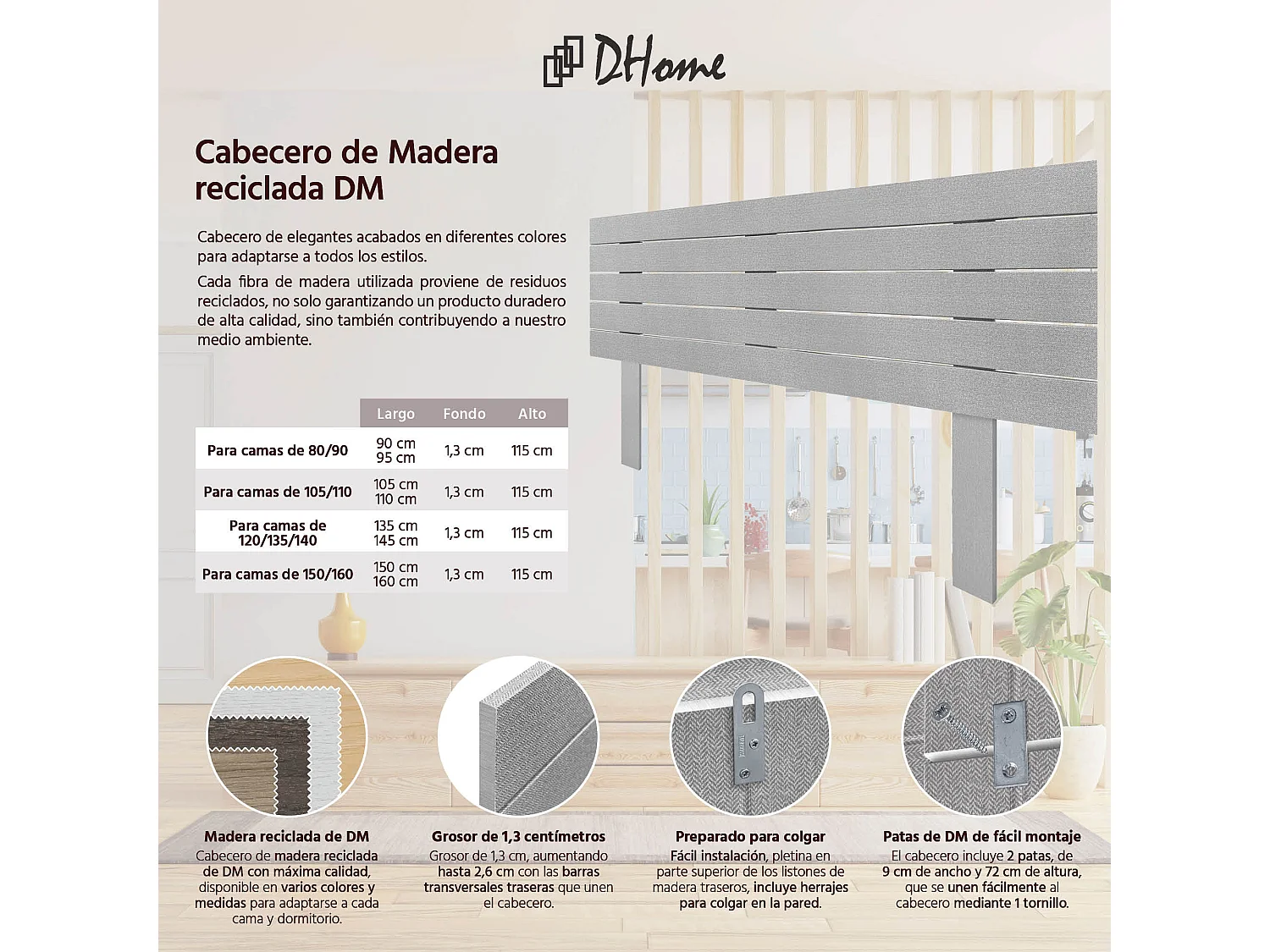 DHOME Tête de Lit Bois Recyclé Dm Style Palette Horizontale avec Pieds 160x115cm Lits 160 - Pointes Grises