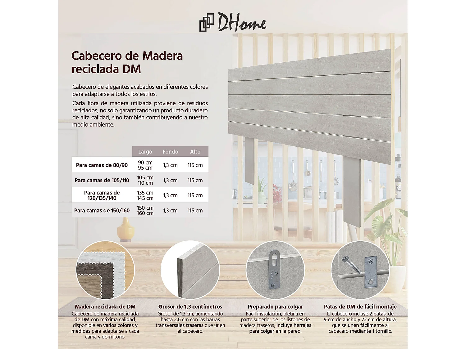 DHOME Tête de Lit Bois Recyclé Dm Style Palette Horizontale avec Pieds 80x115cm Lits 80 - Gris Tribal