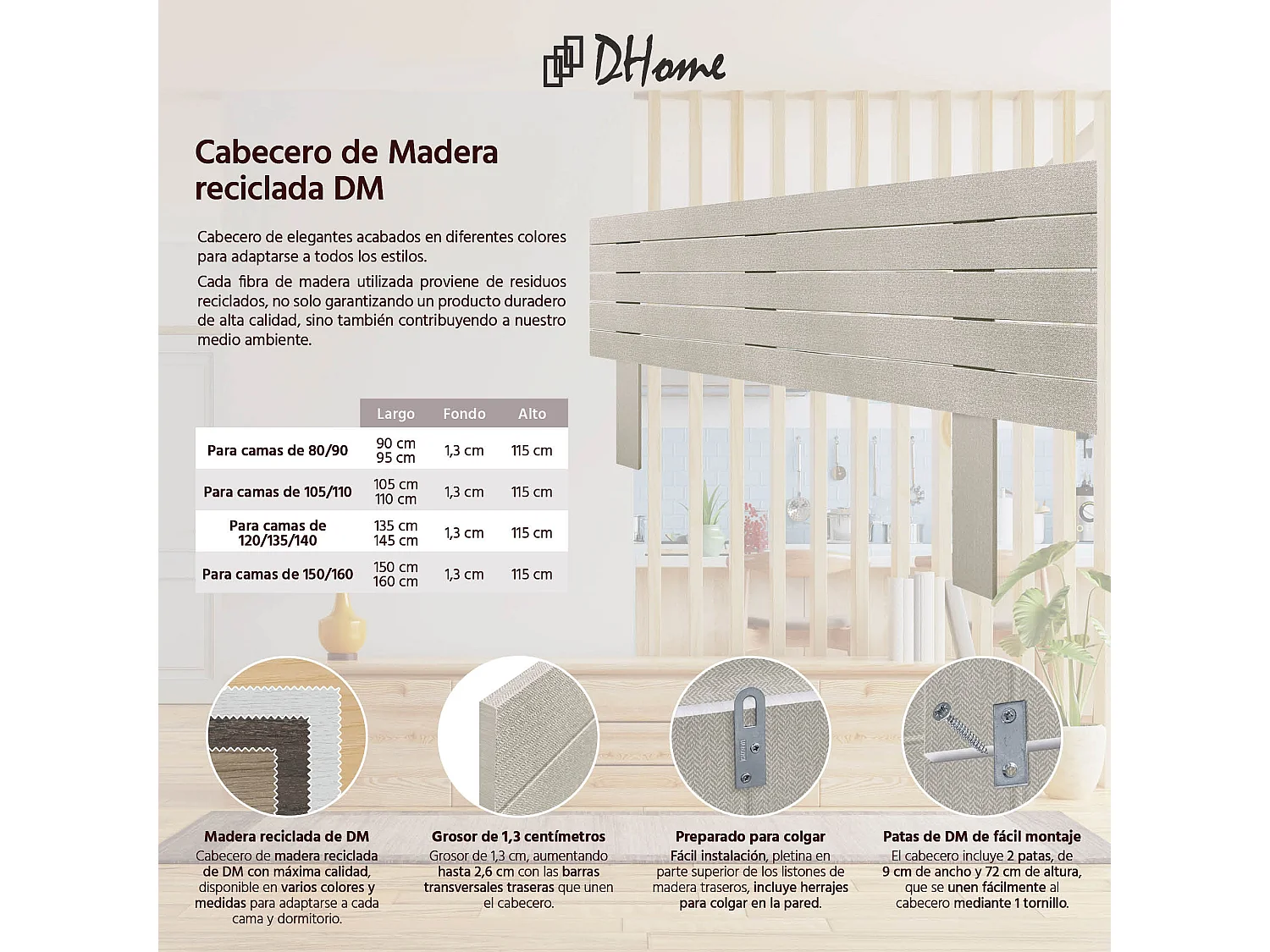 DHOME Hoofdeinde van gerecycled hout Dm Horizontaal Palletstijl met poten 135x115cm bedden 135 - beige spikes