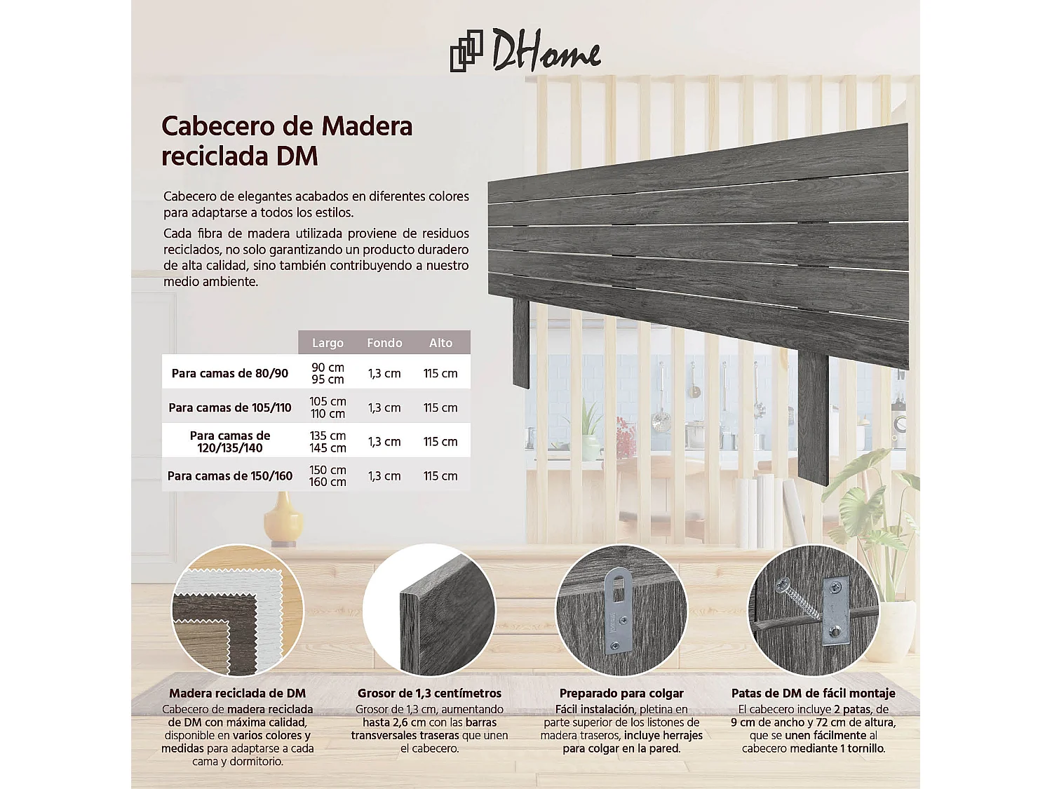 DHOME Tête de Lit Bois Recyclé Dm Style Palette Horizontale avec Pieds 135x115cm Lits 135 - Bois Frêne