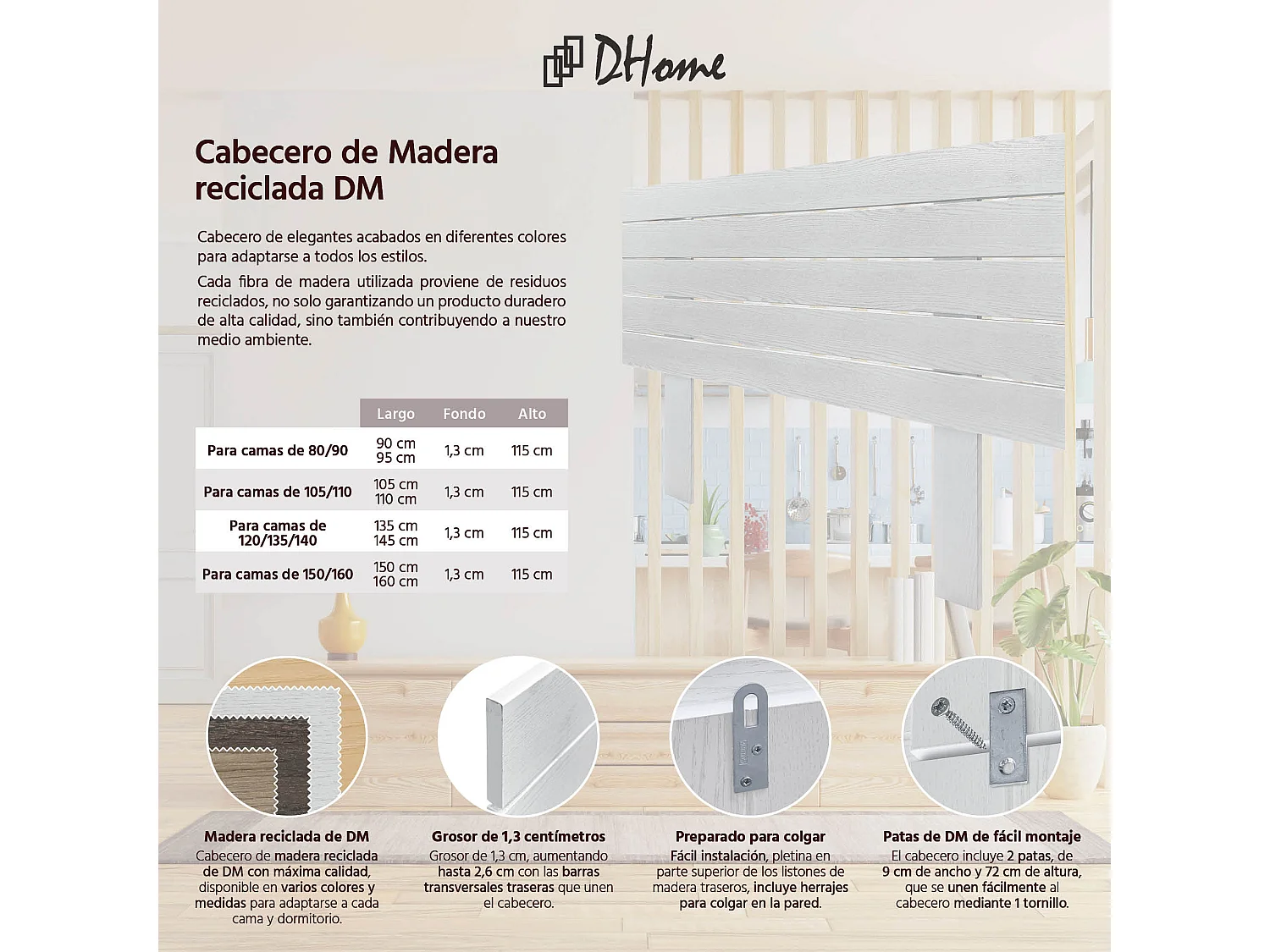 DHOME Tête de Lit Bois Recyclé Dm Style Palette Horizontale avec Pieds 80x115cm Lits 80 - Bois Blanc