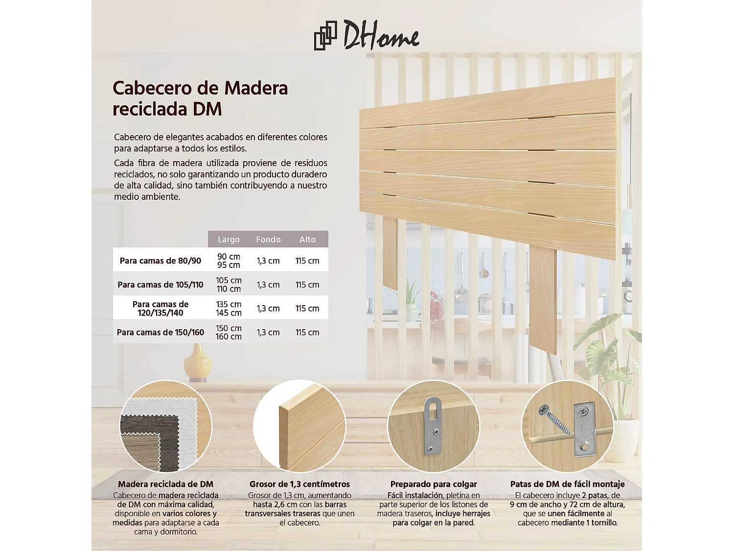 DHOME Testiera in Legno Riciclato Dm Stile Pallet Orizzontale con Gambe 110x115 cm Letti 110 - Legno Naturale