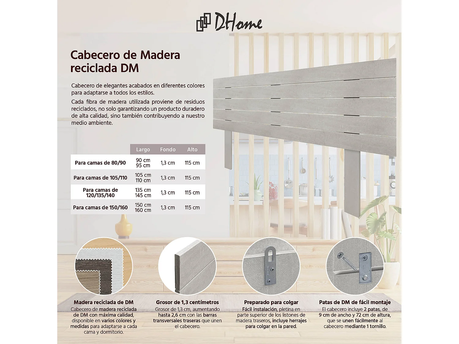 DHOME Hoofdeinde van gerecycled hout Dm Horizontaal Palletstijl met poten 160x115cm bedden 160 - Tribal grijs