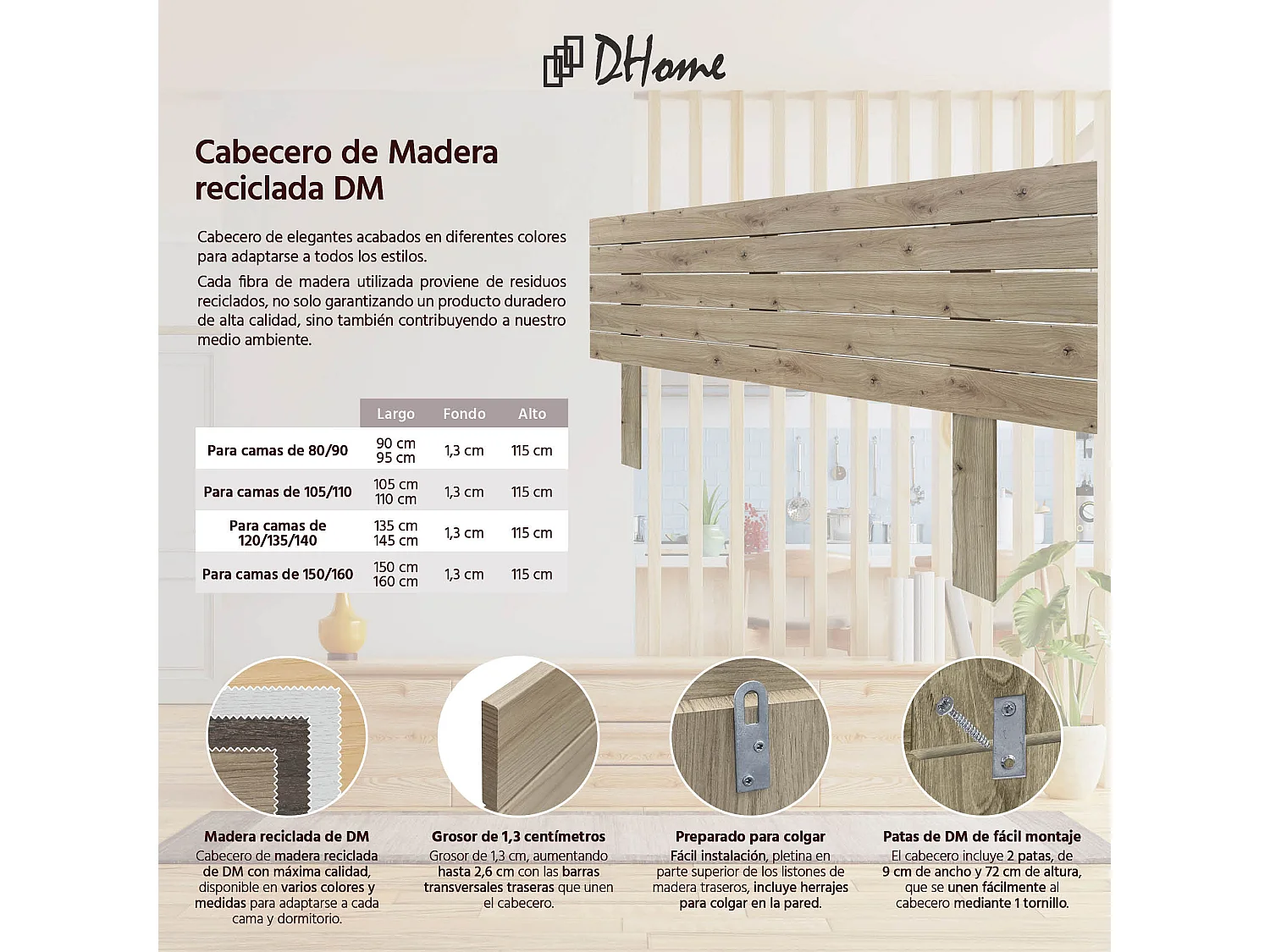 DHOME Kopfteil aus recyceltem Holz, Dm, horizontal, Palettenstil mit Beinen, 160 x 115 cm, Betten 160 – Eiche