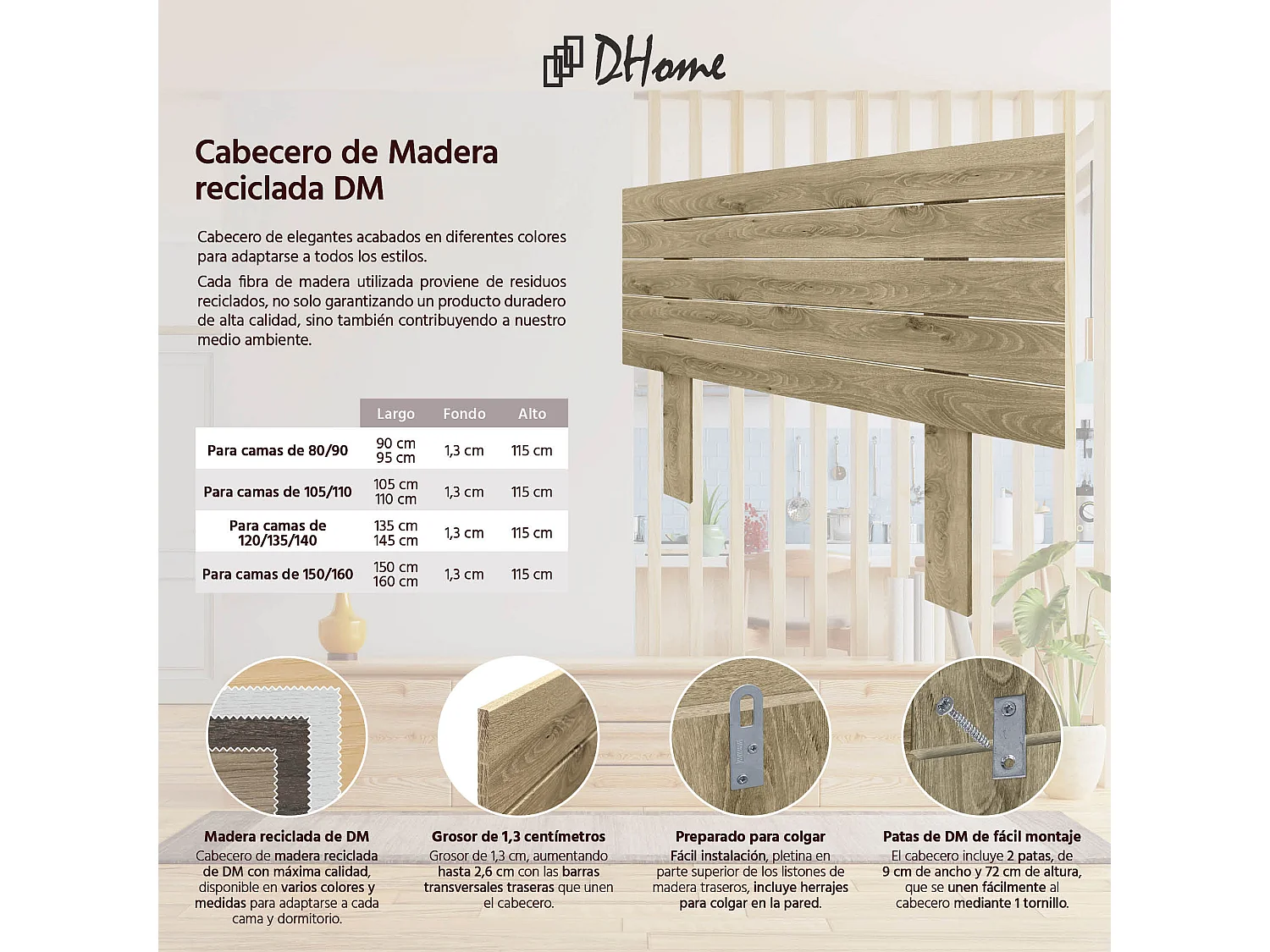 DHOME Hoofdeinde van gerecycled hout Dm Horizontale palletstijl met poten 110x115cm Bedden 110 - Cambrium hout