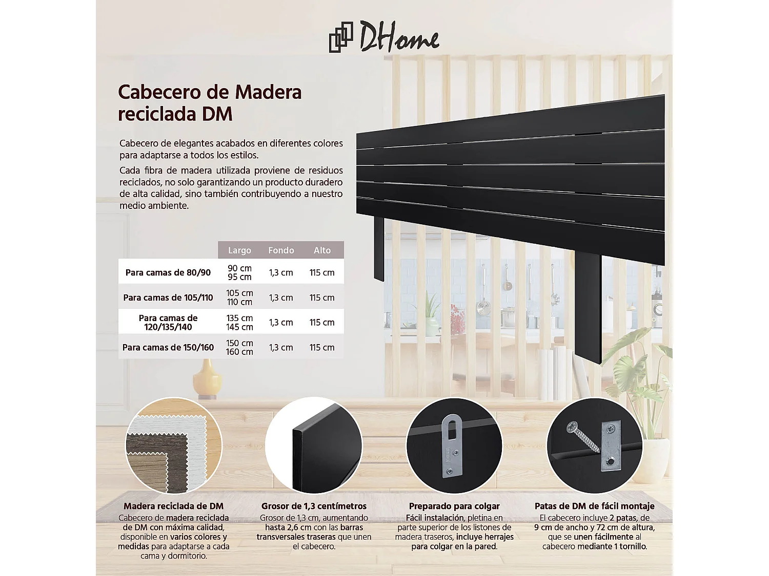 DHOME Tête de Lit Bois Recyclé Dm Style Palette Horizontale avec Pieds 150x115cm Lits 150 - Noir Massif