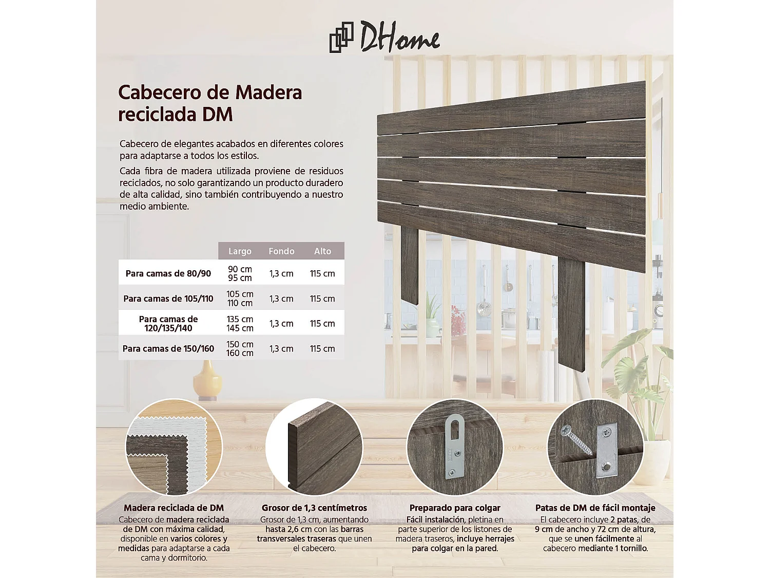 DHOME Kopfteil aus recyceltem Holz, Dm, horizontal, Palettenstil mit Beinen, 80 x 115 cm, Betten 80 – Amazonas-Eiche