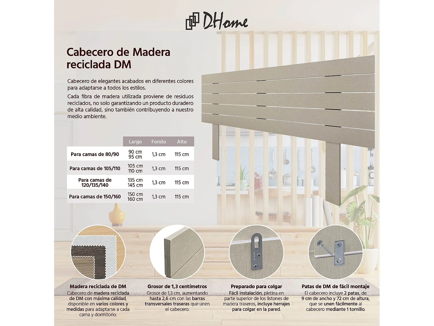 DHOME Kopfteil aus recyceltem Holz, Dm, horizontal, Palettenstil mit Beinen, 150 x 115 cm, Betten 150 – Leinen-Finish