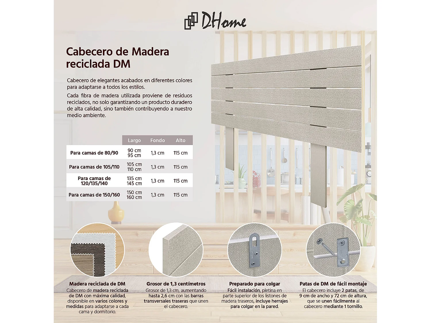 DHOME Cabeceira de Madeira Reciclada Dm Estilo Palete Horizontal com Pernas 80x115cm Camas 80 - Picos Bege