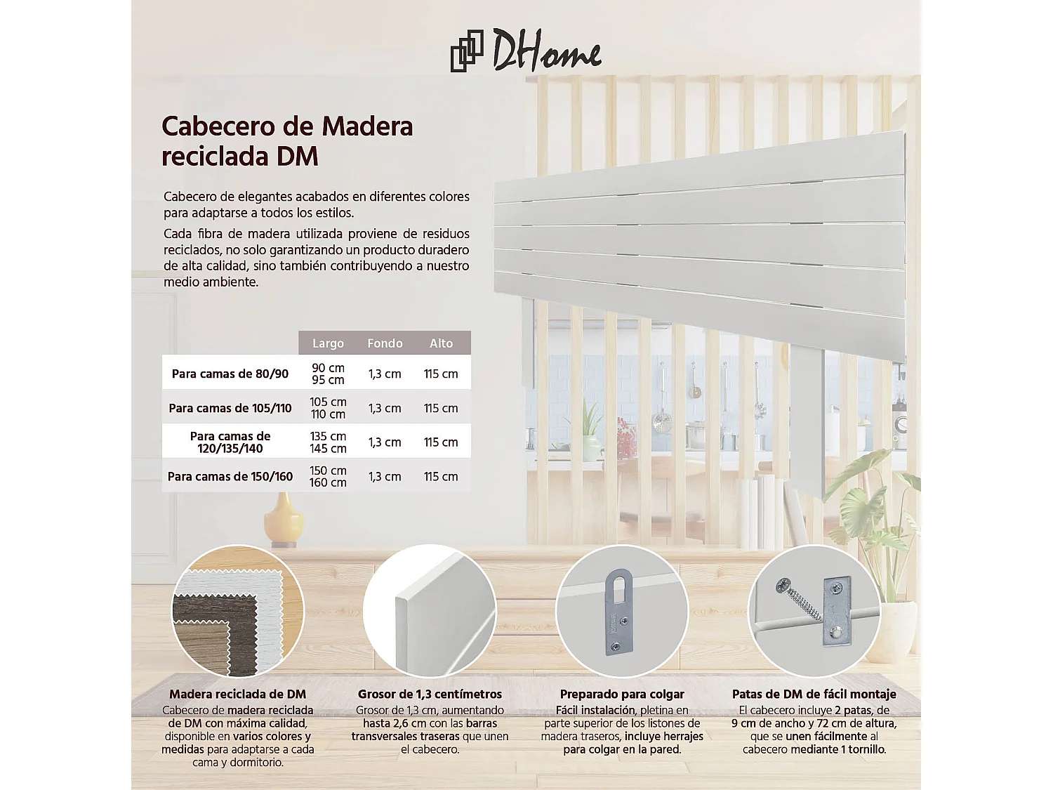 DHOME Kopfteil aus recyceltem Holz, Dm, horizontal, Palettenstil mit Beinen, 135 x 115 cm, Betten 135 – Massives Weiß