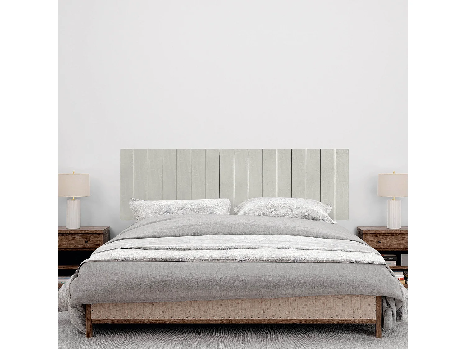 DHOME Kopfteil aus recyceltem Holz im vertikalen Dm-Stil mit Beinen 145 x 115 cm, Betten 145 – Stammesgrau