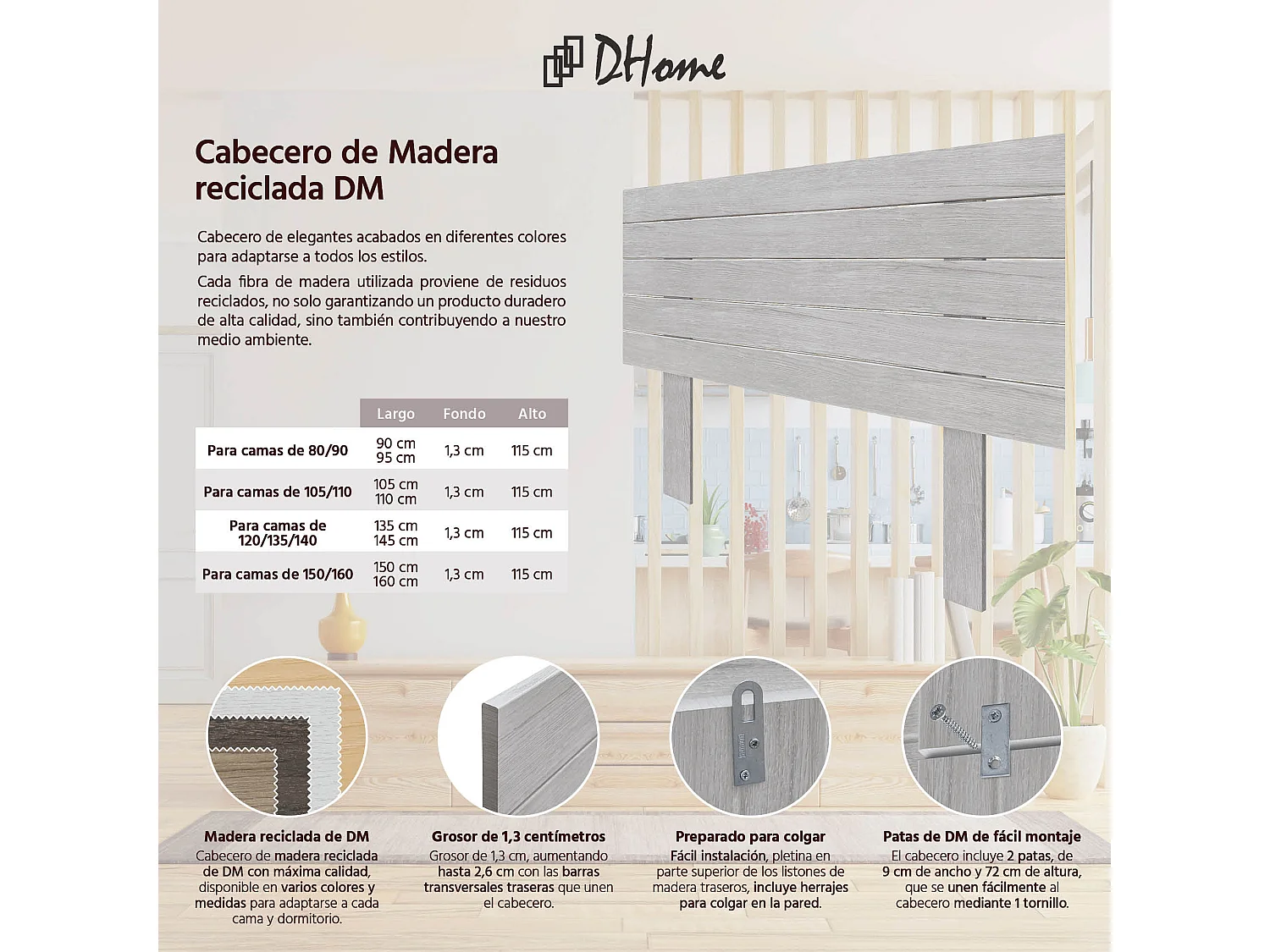 DHOME Tête de Lit Bois Recyclé Dm Style Palette Horizontale avec Pieds 110x115cm Lits 110 - Arctique