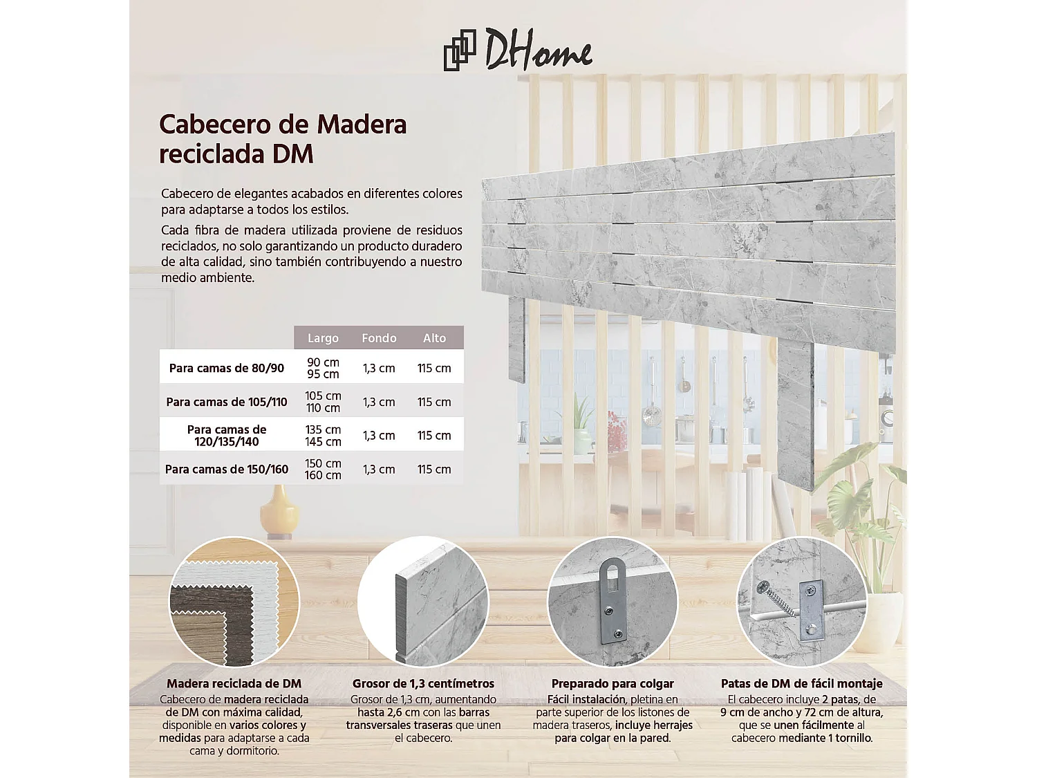 DHOME Tête de Lit Bois Recyclé Dm Style Palette Horizontale avec Pieds 150x115cm Lits 150 - Finition Marbre