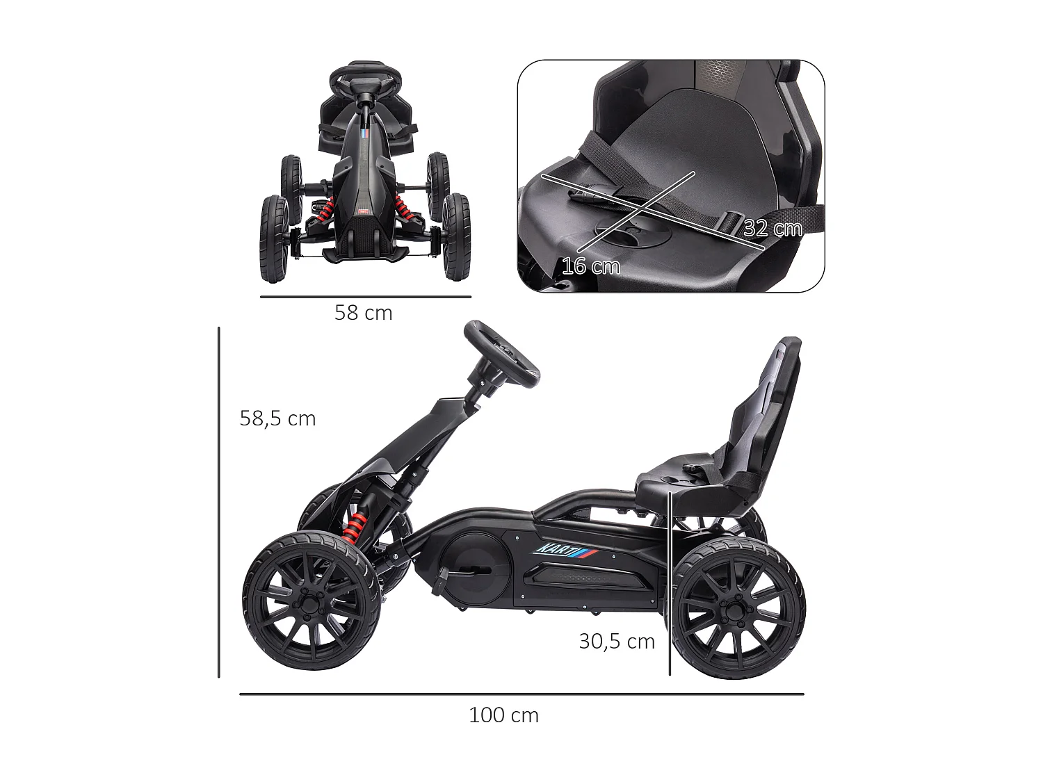 Kart à pédales enfant Go kart Formule 1 Racing aileron avant carter chaine fermé siège réglable avec ceinture noir