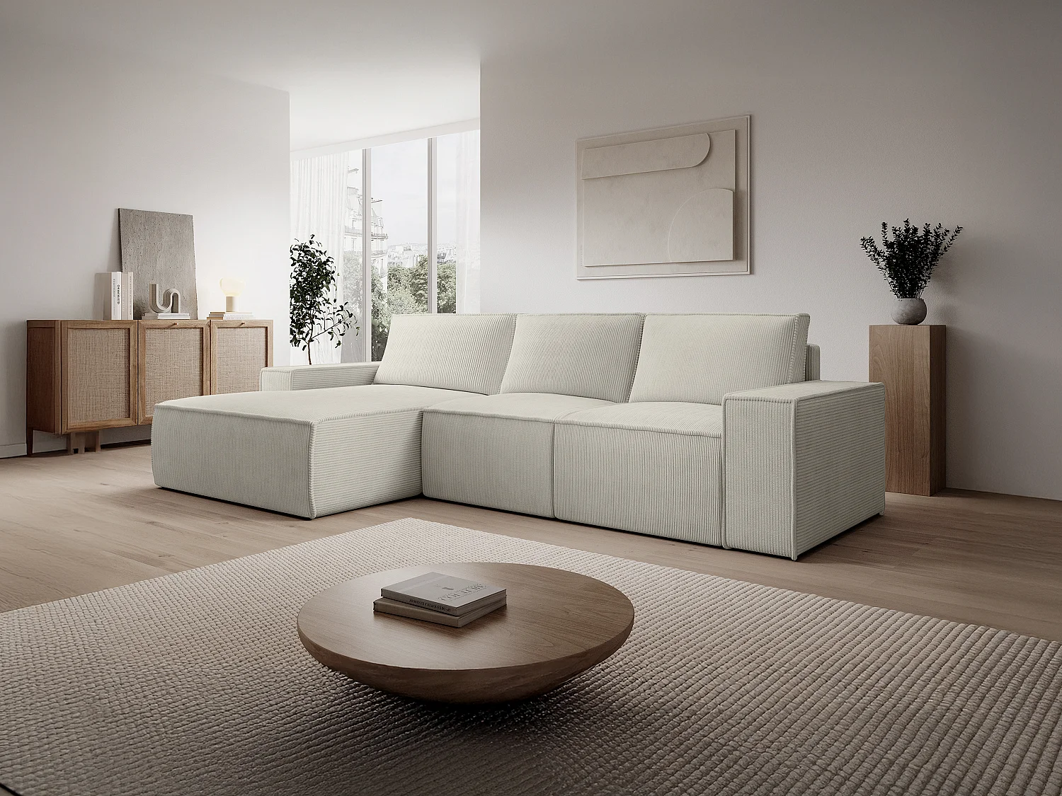 Großes Ecksofa mit Schlaffunktion - Ecke links - Cord - Beige - AMELIA