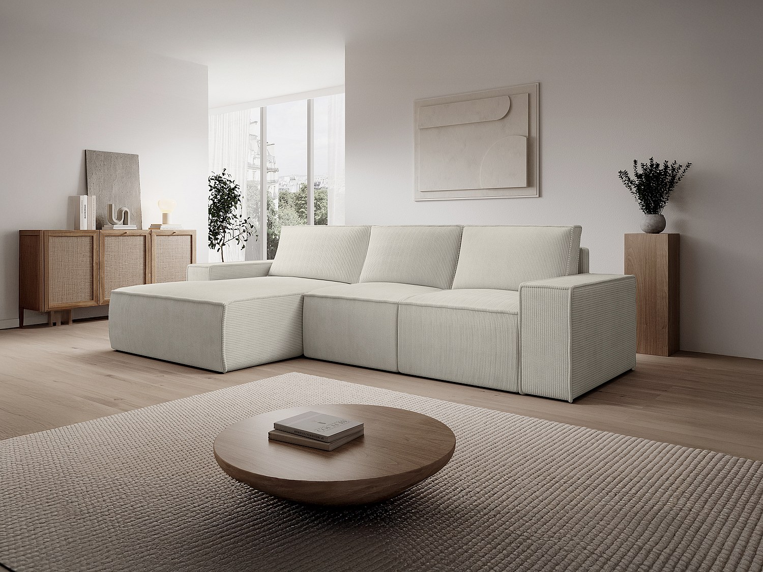 Großes Ecksofa mit Schlaffunktion - Ecke links - Cord - Beige - AMELIA günstig online kaufen