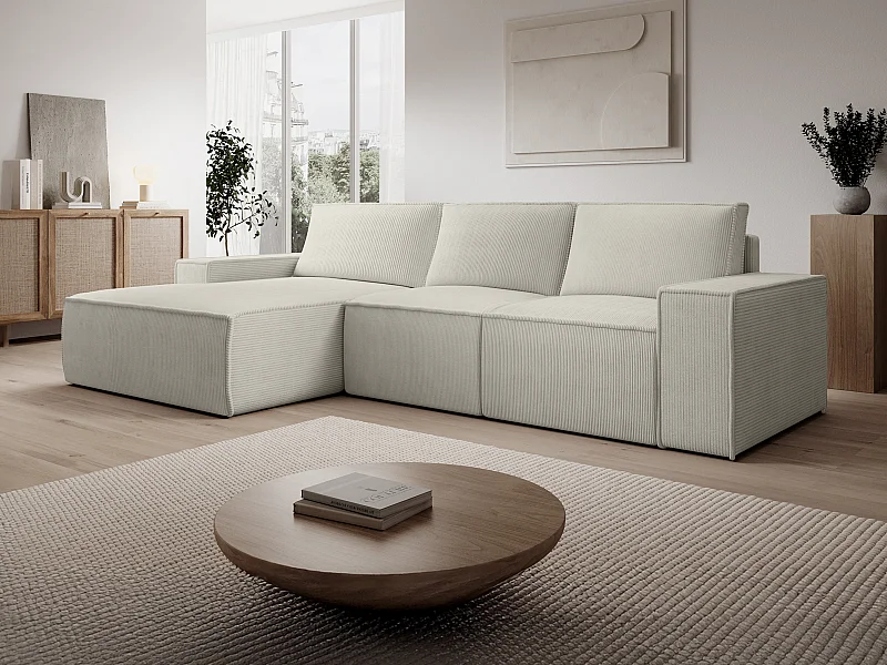 Grand canapé d'angle gauche convertible en velours côtelé beige AMELIA
