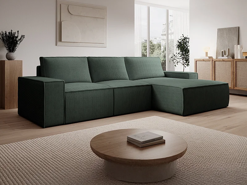 Kanapa duża narożna prawostronna rozkładana sztruksowa zielona – AMELIA