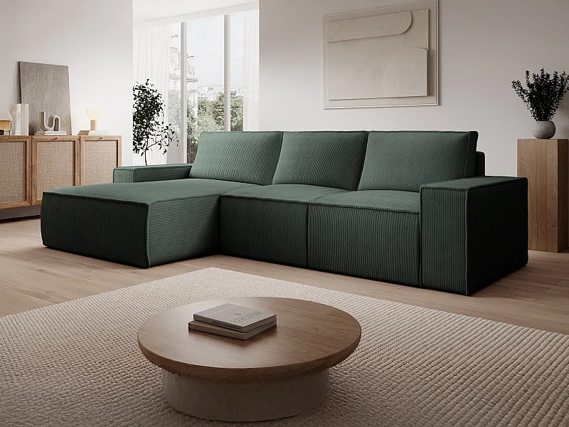 Kanapa duża narożna lewostronna rozkładana sztruksowa zielona – AMELIA