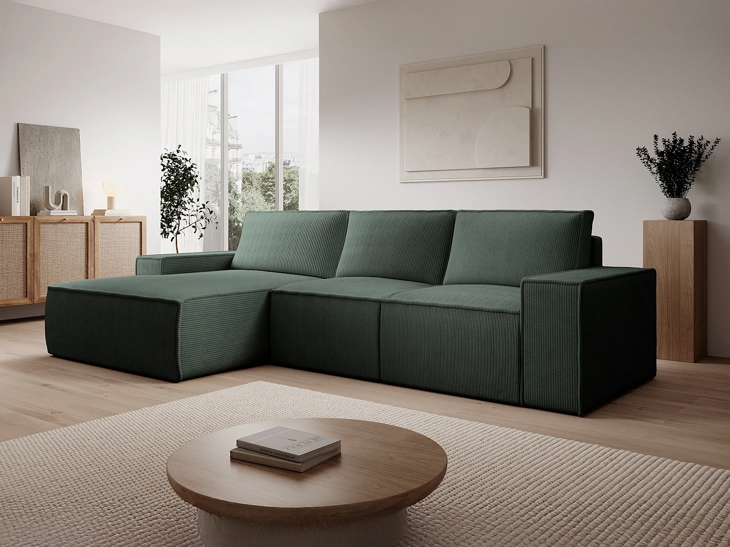 Großes Ecksofa mit Schlaffunktion - Ecke links - Cord - Grün - AMELIA