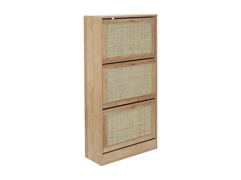 MAYA - Meuble à Chaussures 3 Portes Basculantes Effet Bois et Façades Rotin